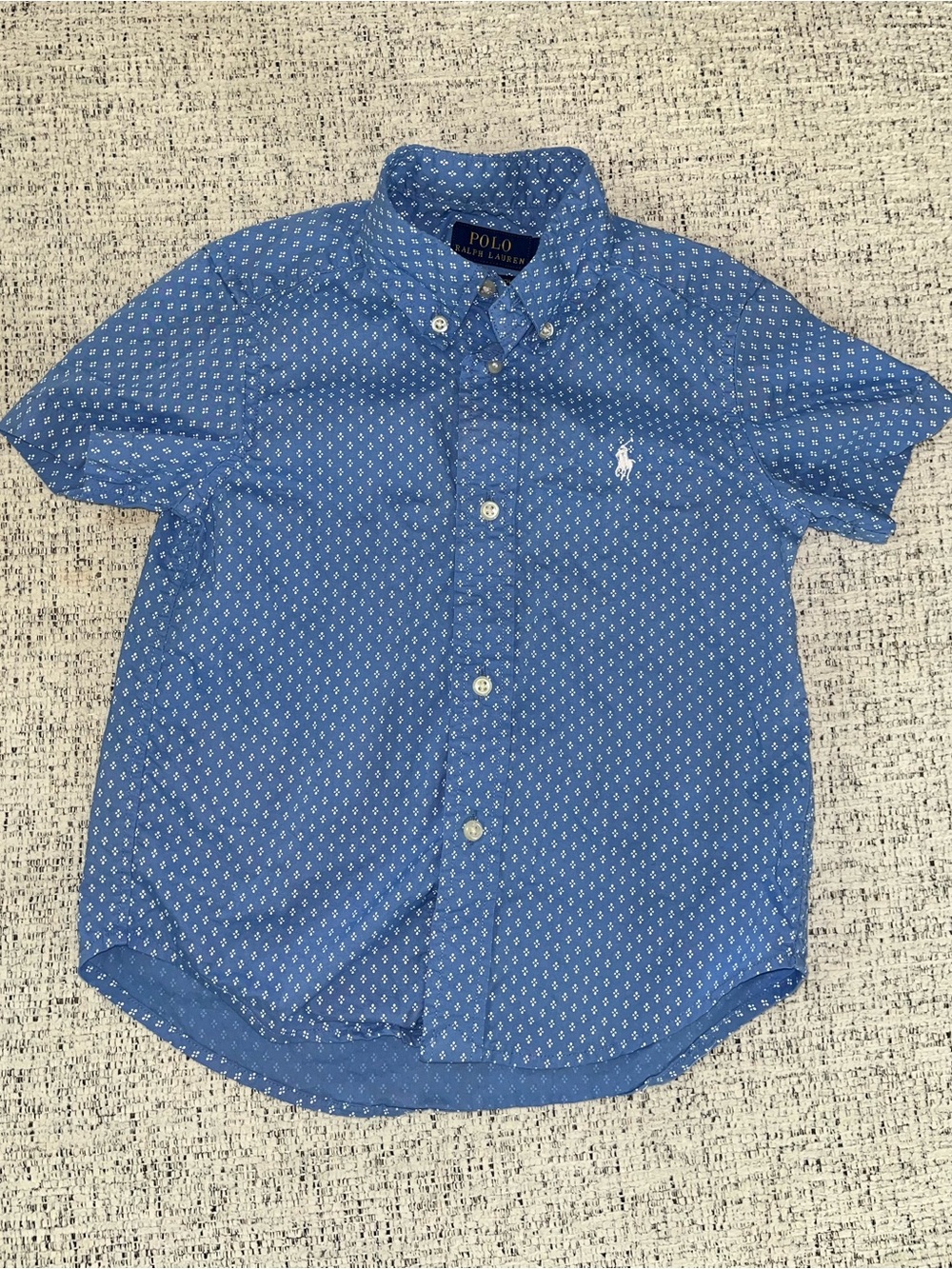 Boys Ralph Lauren Blue Short-Sleeve Button-Down Shirt with White Polo Logo